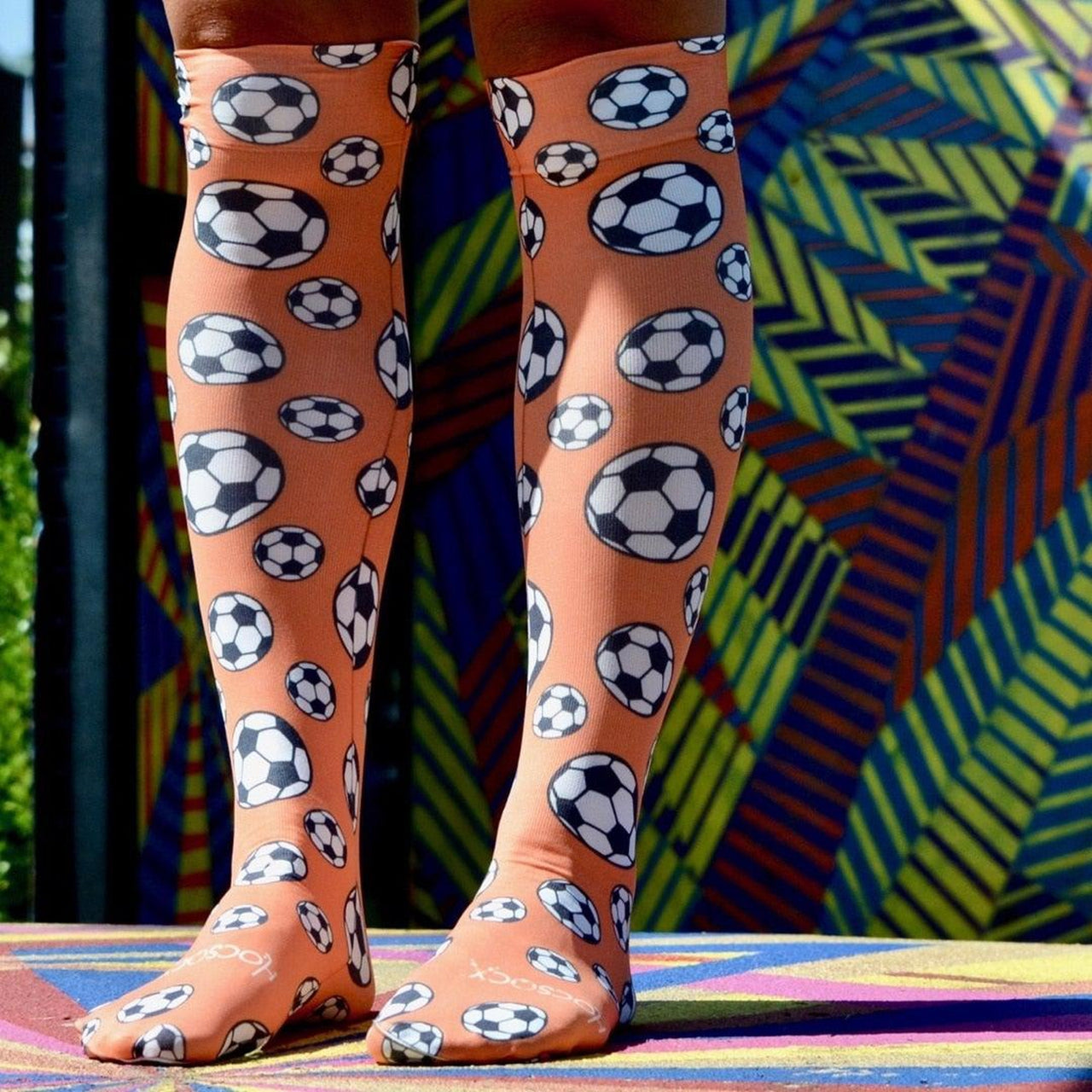 Hocsocx Orange Soccer Balls Shin Guard Rash Liner Sport Socks